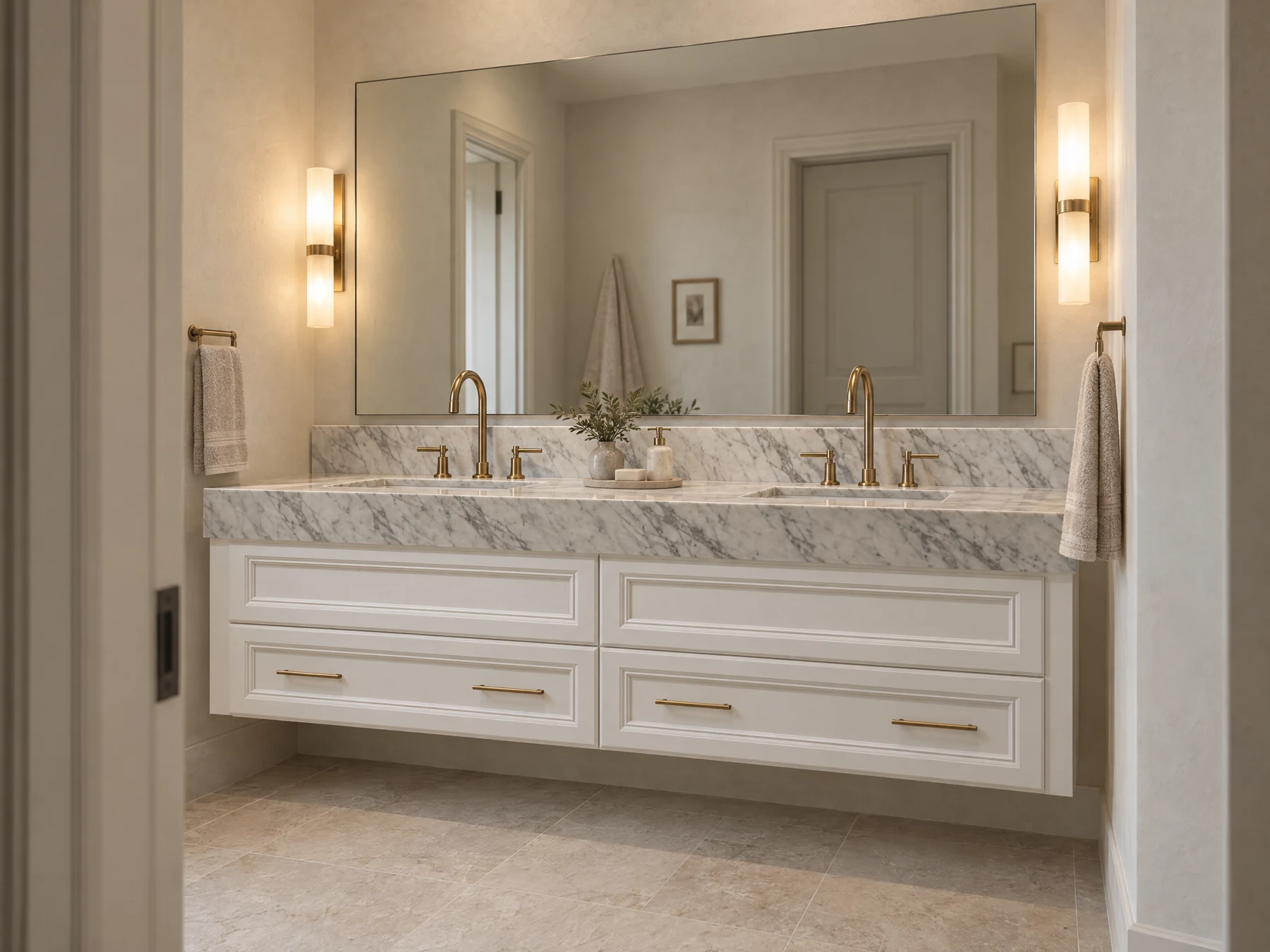 Proposed white double vanity in the primary bathroom