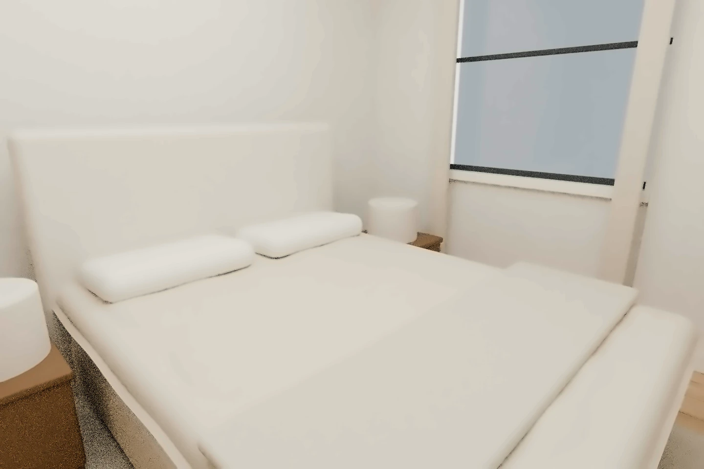 The rear bedroom's bed and side-window arrangement, rendered inside the approved A2.2 room envelope. Its source-plan deck connection is retained in the model. Proposed furniture, drapery and finishes are illustrative, not completed work.