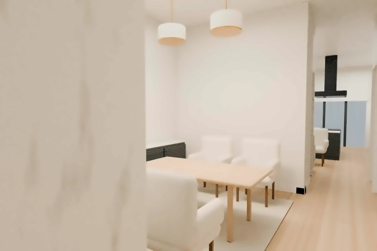 A compact dining setting between the half-bath core and living-room fireplace, with proposed charcoal casework and warm oak. The view comes from the same fixed first-floor model; furnishings, lighting and finish specifications remain illustrative.