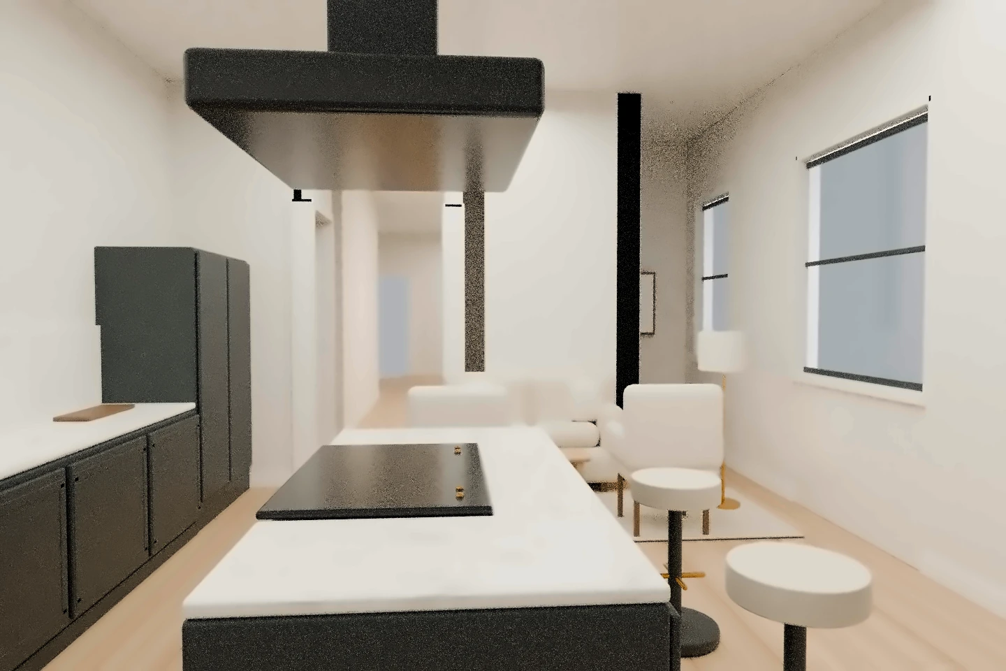 A view across the rear kitchen and breakfast area toward the family seating, rendered from the owner-approved A2.2 reconstruction. The island, appliances, half-bath core and circulation follow that fixed model; finishes and furniture are illustrative.