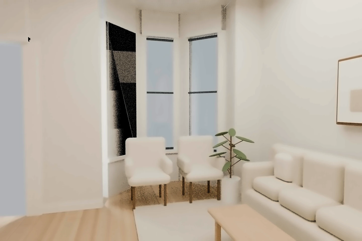 The front living room, with its retained faceted bay, source-positioned fireplace mass and proposed linen seating. Rendered from the approved A2.2 model rather than a separately imagined room. Styling and unconfirmed construction details are illustrative.