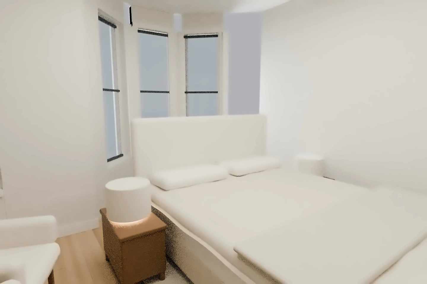 The front primary bedroom with its source-plan bed zone and preserved bay-window geometry, finished in warm whites, linen and oak. Rendered from the owner-approved upper-floor model. Furniture and decorative choices are proposed staging.