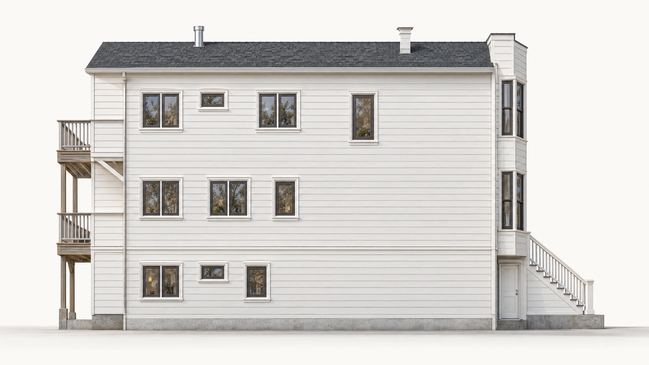 Proposed east-side exterior architectural study for 2787 Pine, with neighboring buildings omitted to reveal the form