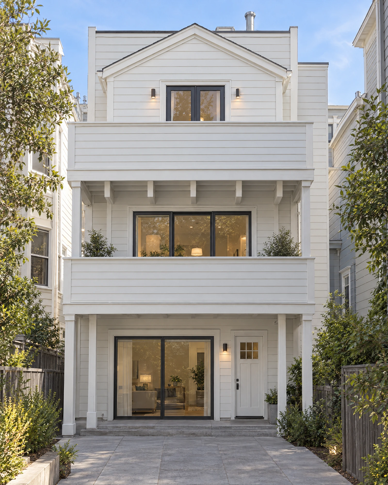 Proposed rear facade and decks at 2787 Pine, with illustrative yard finishes and planting